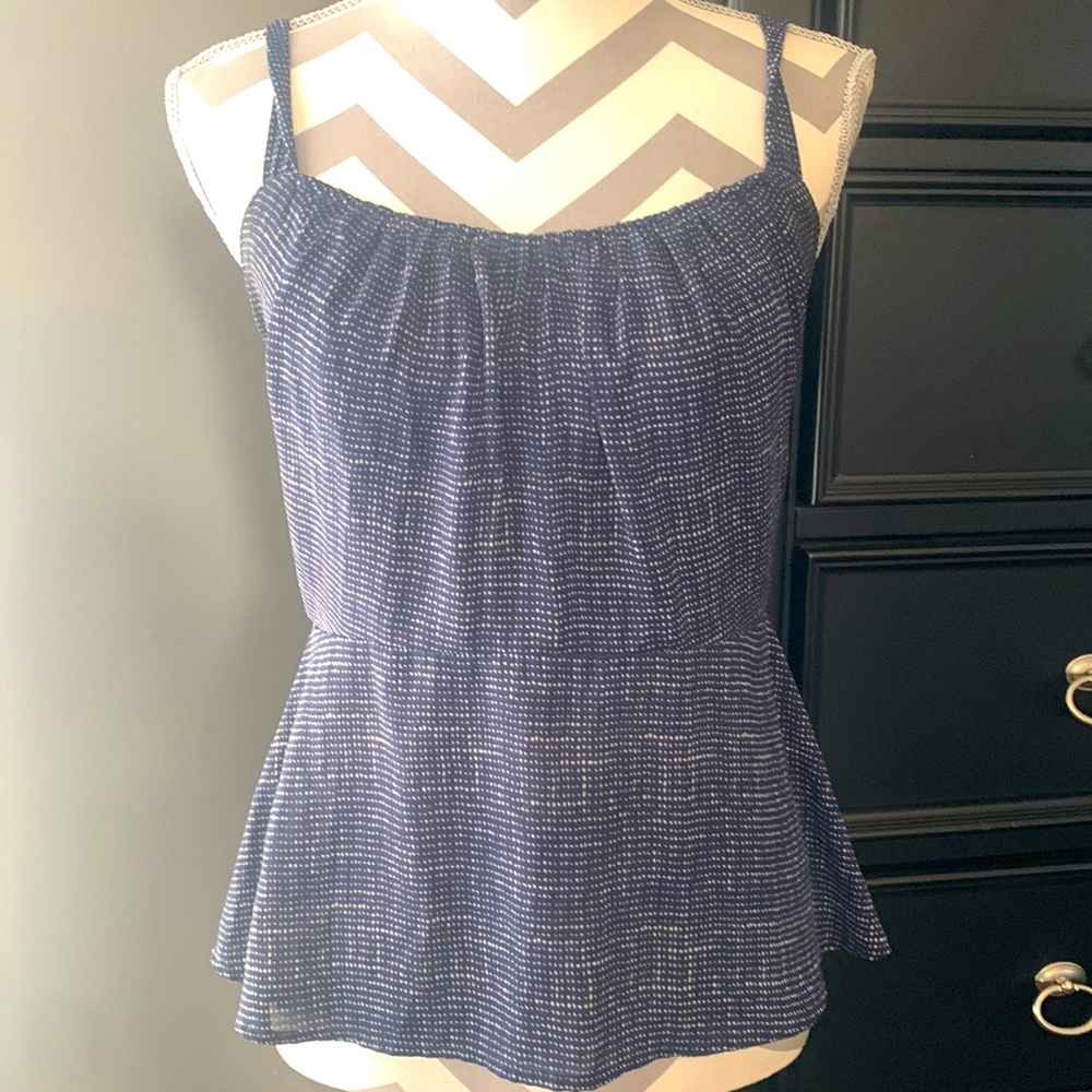 Cabi Navi and tan small pattern sleeveless blouse.  Size 4